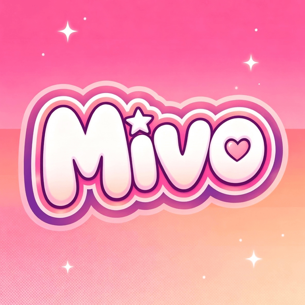 The Mivo bubble-letter logo with a heart and sparkling stars on a pink and peach background